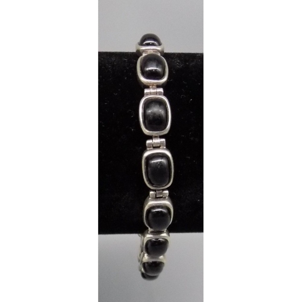 Sterling Silver & Black Onxy Bracelet Vintage 925 Hong Kong 7 1/4" Lobster Claw